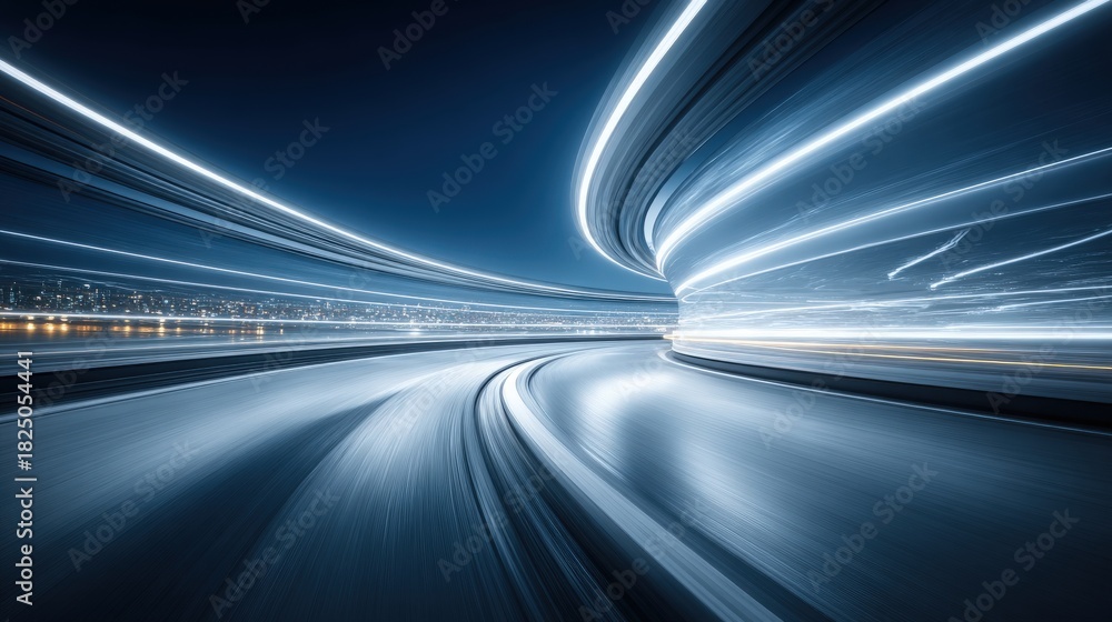 A winding road glows with bright lights at night, showcasing streaks of illumination. The atmosphere feels alive as the city skyline twinkles in the background.