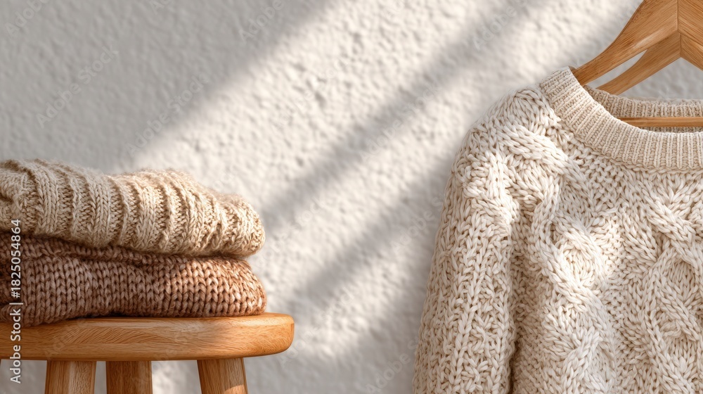 A cozy knitted sweater hangs on a wooden hanger next to neatly folded knitwear on a wooden stool. Soft sunlight casts shadows on a textured wall, creating a warm, inviting atmosphere.