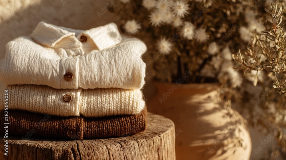 Three cozy sweaters are neatly stacked on a rustic wooden surface. A vase of dried flowers adds a warm touch to the serene atmosphere, highlighting a simple yet inviting home decor.