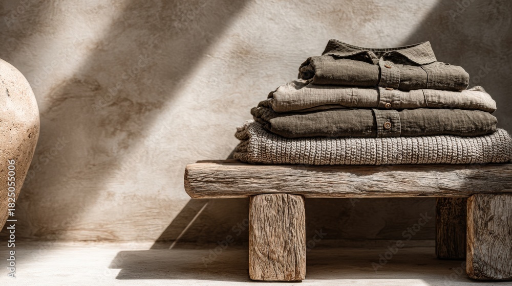 Soft sunlight highlights neatly folded clothes on a wooden bench. The setting features earthy tones and a minimalist aesthetic, creating a calm and inviting atmosphere.