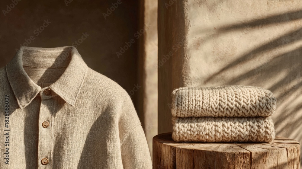 A light beige shirt hangs beside a neatly folded stack of knitted beige items. The soft textures and natural wood create a warm, inviting atmosphere, emphasizing a cozy aesthetic.