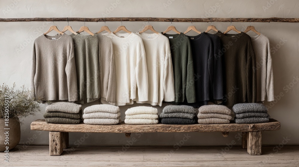 A collection of cozy sweaters hangs on wooden hangers against a neutral wall.