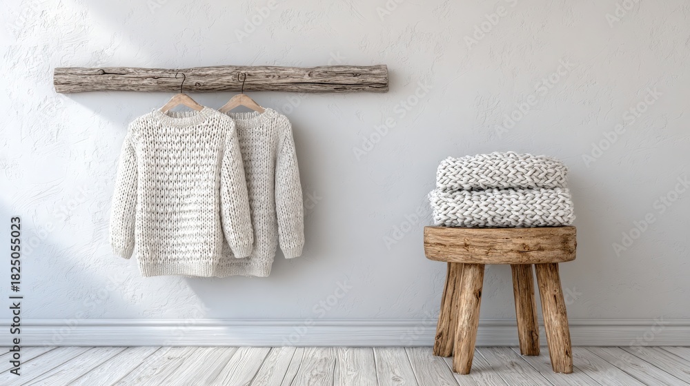 Two light-colored knitted sweaters hang neatly on a wooden rack against a plain wall. Nearby, a stack of textured blankets rests on a rustic wooden stool, adding warmth to the simple decor.
