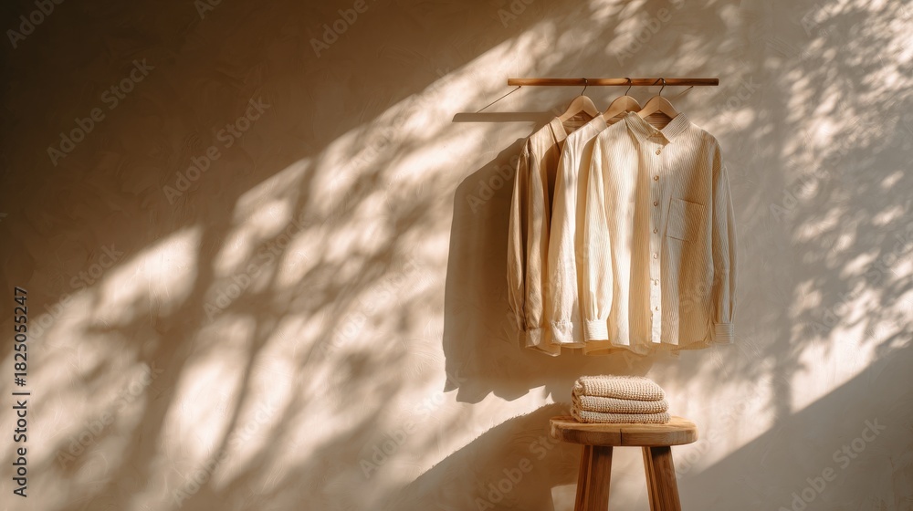 Three beige shirts hang neatly on a wooden rack against a textured wall. Below, a stack of soft towels rests on a wooden stool. Light casts delicate shadows on the wall.