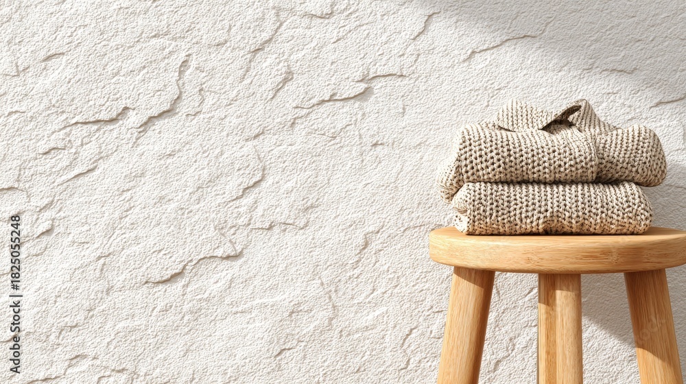 A stack of neatly folded natural fabric textiles rests on a wooden stool. Sunlight casts soft shadows, enhancing the texture of the wall behind. The scene evokes a calm and inviting atmosphere.