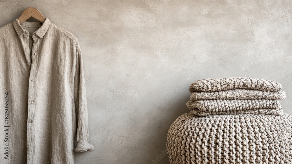 A warm indoor space features a light linen shirt hanging on a wall beside neatly stacked knitted blankets. The neutral tones create a peaceful and inviting atmosphere.