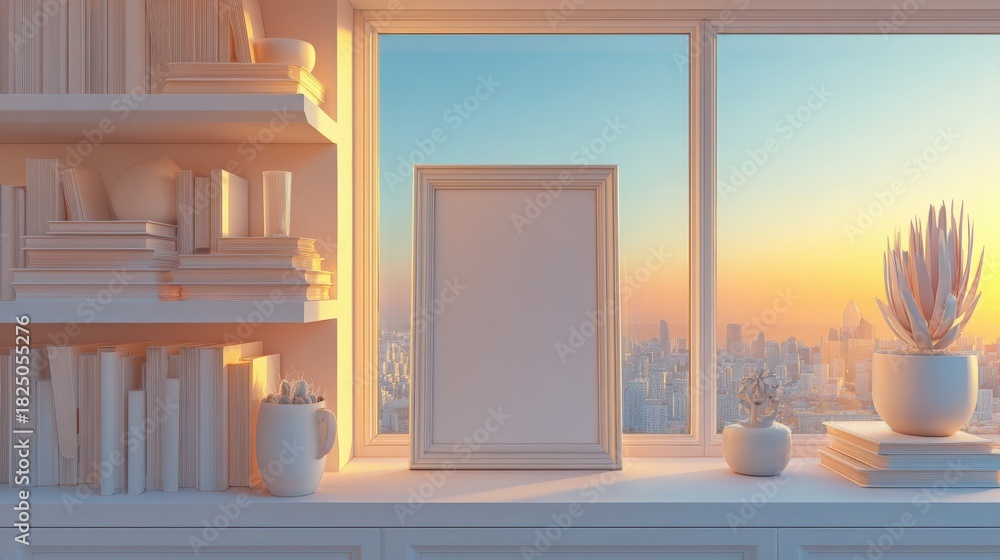 A serene workspace features a blank frame near a window. Outside, a vibrant sunset casts warm colors over a city skyline. Shelves filled with books and decorative items complete the cozy atmosphere.
