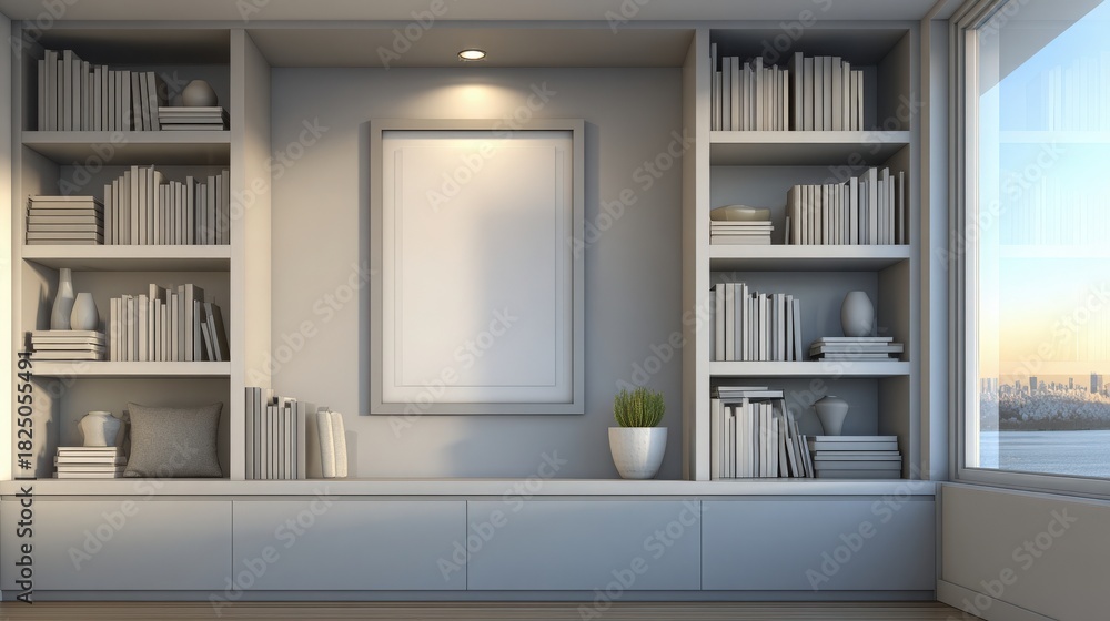 A bright and modern room shows built-in bookshelves filled with neatly arranged books and simple decorations. Natural light streams in from a large window, enhancing the serene atmosphere.