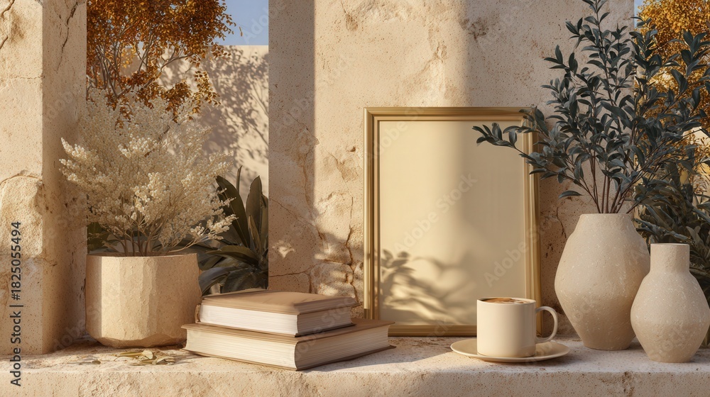 A cozy arrangement features a blank picture frame, potted plants, stacked books, and a cup of coffee. The warm tones and natural materials create a calming atmosphere in a sunlit space.