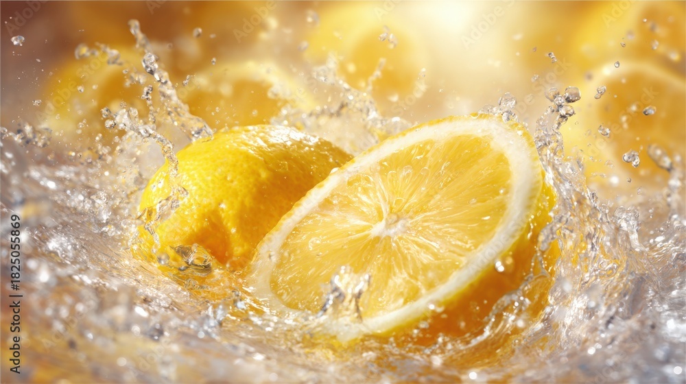 Juicy lemons are cut in half and splashing in clear water, creating droplets that catch the light. This lively scene evokes a feeling of freshness and summer sweetness.
