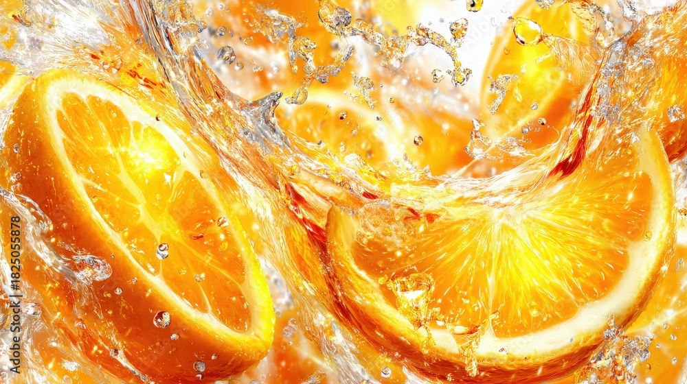 Fresh orange slices are immersed in water, creating dynamic splashes and a bright, refreshing effect. The vibrant colors and texture highlight the freshness of the fruit.