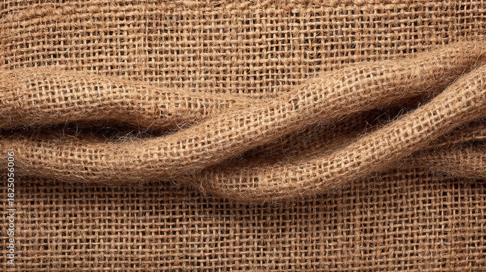 This scene features a close-up view of textured burlap fabric with a twisted rope laid across it. The natural tones create a rustic and warm feel, ideal for various crafts and design projects.