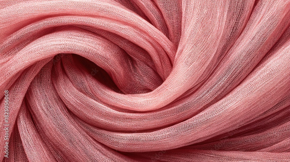 A soft pink fabric is layered and twisted, forming gentle waves and curves that create an elegant visual. The light material has a sheer quality, making it look airy and delicate.