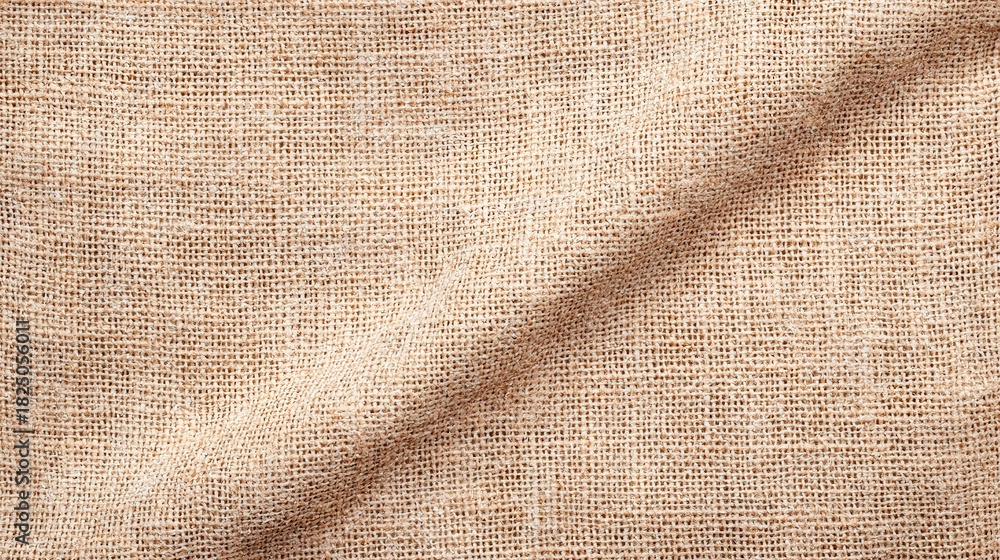 A close-up view of textured burlap fabric highlights its natural fibers and earthy tones. The surface appears woven, creating a warm and rustic aesthetic ideal for crafts and decor.