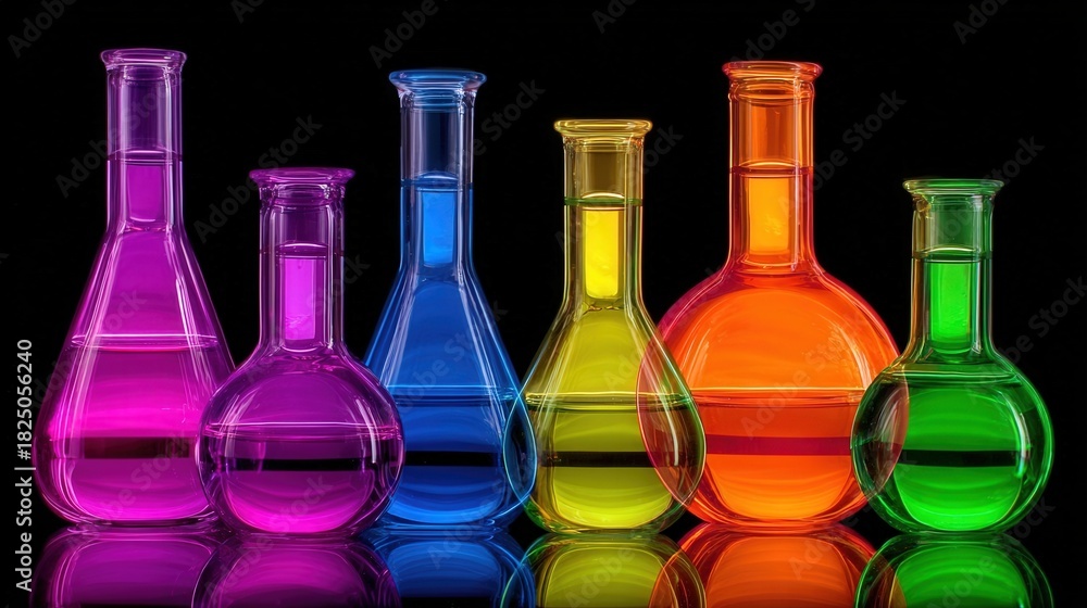 A collection of glass flasks filled with vibrant liquids stands prominently against a dark backdrop. The flasks showcase a range of bright colors, displaying a scientific atmosphere.