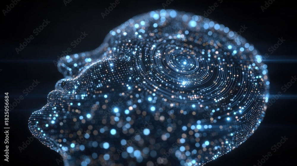 This artwork displays a human head concept made of luminous points and intricate patterns, suggesting advanced technology and artificial intelligence.