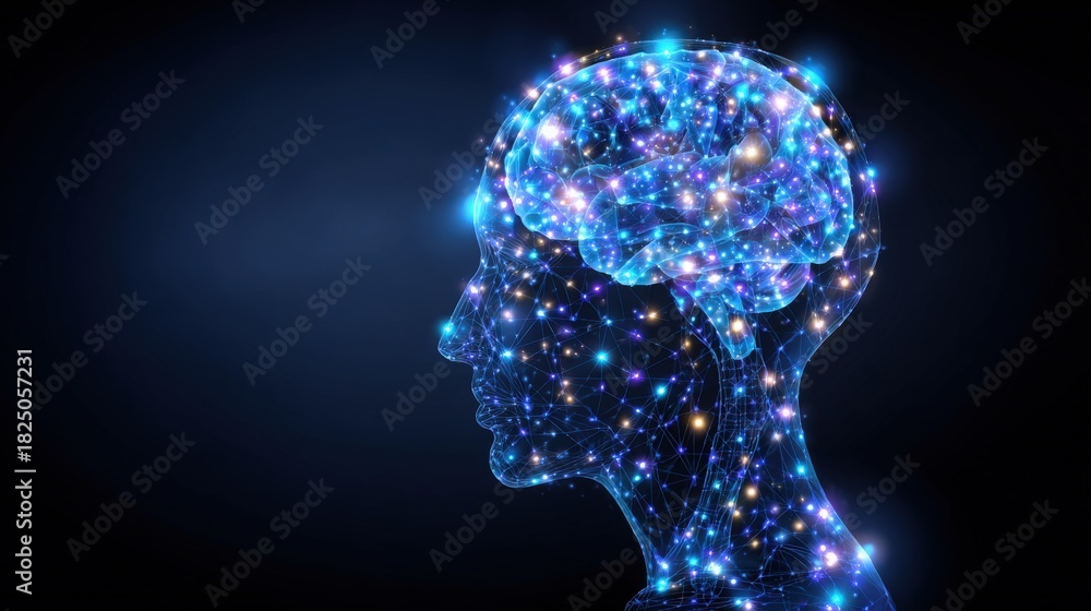 This visual representation shows a side profile of a human head filled with vibrant, glowing stars and lines, symbolizing brain activity and the complexity of thoughts.