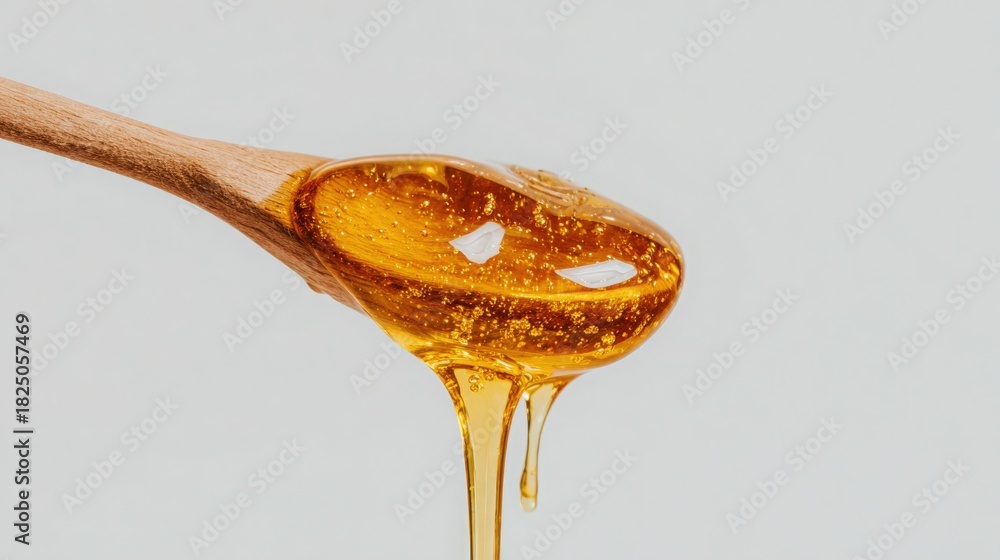 A wooden spoon holds thick golden honey that drips slowly. The smooth texture and shiny appearance create a warm feeling in a bright and minimalistic setting.