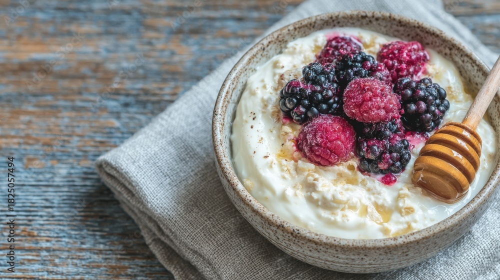 A bowl filled with creamy yogurt features fresh raspberries and blackberries on top. A drizzle of honey adds extra sweetness. The dish rests on a textured linen napkin beside a rustic wooden surface.