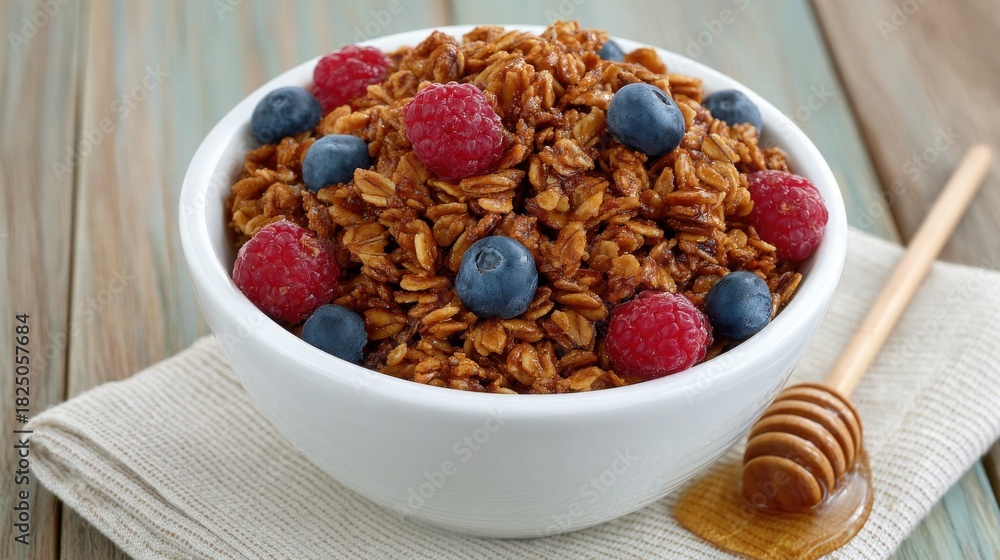 A bowl filled with crunchy granola is topped with fresh blueberries and raspberries.