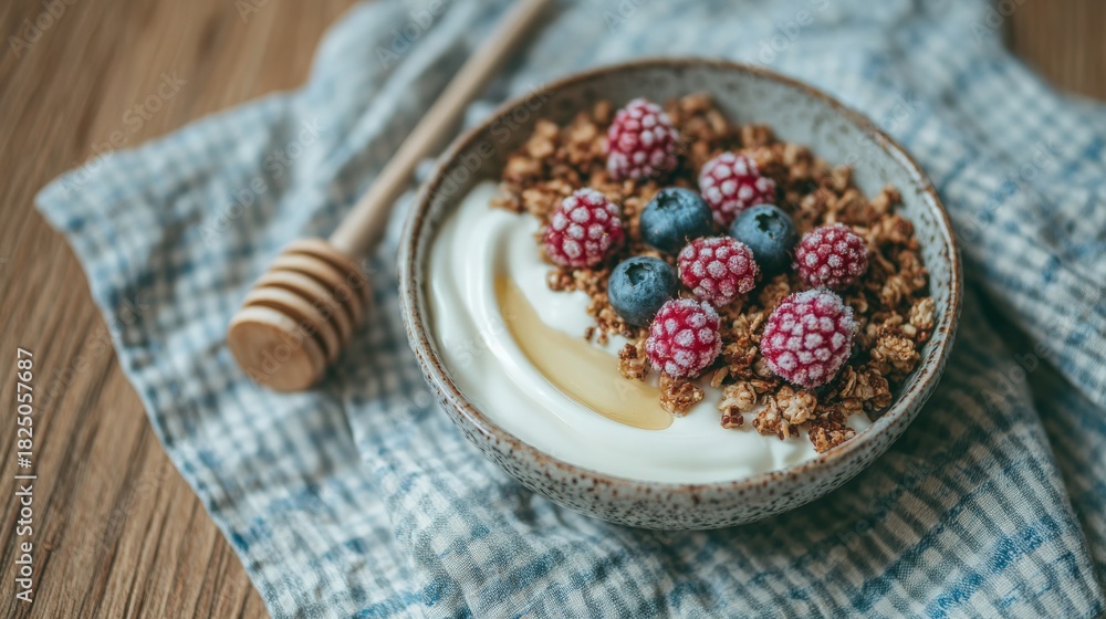 A bowl filled with creamy yogurt features a vibrant topping of raspberries, blueberries, and crunchy granola. A drizzle of honey enhances the breakfast, all set on a checkered cloth.