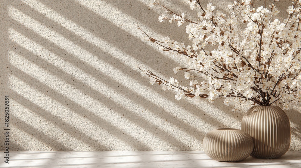 A minimalistic display features a vase with delicate white flowers against a textured wall. Soft shadows created by sunlight enhance the calm atmosphere, inviting peace and beauty into the space.
