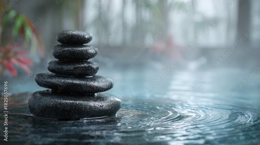 Several smooth black stones are stacked in a balanced formation above a calm, reflective water surface. The background features blurred greenery and hints of mist, enhancing the peaceful environment.