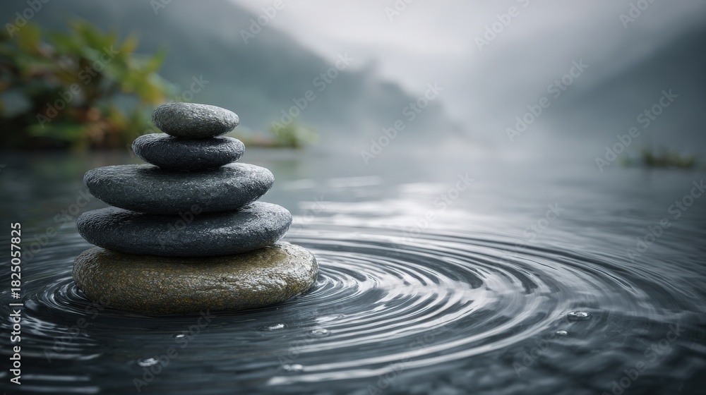 A stack of smooth stones is carefully balanced on top of each other in still water. Gentle ripples extend outward, reflecting a soft, moody atmosphere at dusk near a peaceful landscape.