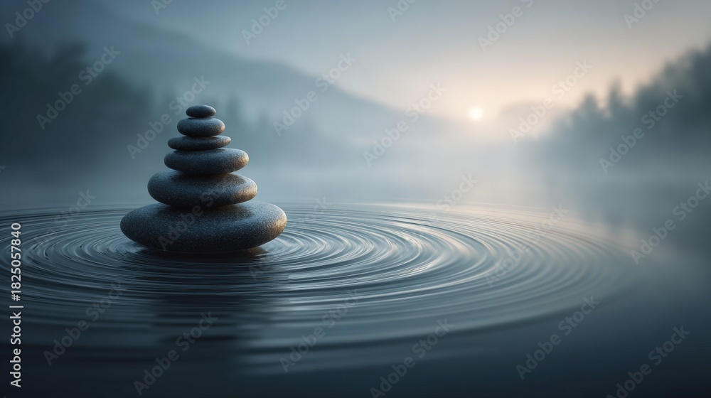 Serene stacked stones sit at the center of calm water, creating gentle ripples. Soft morning light filters through the mist, illuminating the quiet landscape and reflecting on the surface.