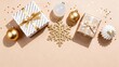 © Ruby - Minimal white and gold Christmas border on soft beige copy space