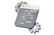 © Theeraphat - 3d coding window with gears icon. development automation concept. Minimal cartoon code window dev panel backend for developer tools banner. isolated on white background. 3d render.