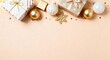 © Ruby - Minimal white and gold Christmas border on soft beige copy space