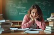 © Viktor - Tired teacher sits at desk with books in classroom. Overwhelmed woman educator looks stressed with work. Blackboard shows complex formulas, papers piled high.