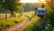 © Viktor - Rustic metal mailbox stands by winding dirt path through green meadow. Wildflowers bloom near weathered post. Wooden fence lines grassy lane toward distant trees under soft sunset light. Rural