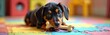 © Viktor - Adorable black tan puppy chews bone on colorful play mat indoors. Happy young pet enjoys toy, teething. Cute small dog looks at camera, a loyal companion.