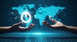 © Tri - Global Energy Transition Hands Connecting Power & Protection with World Map and Icons
