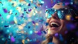 © btiger - joyful woman wearing reflective sunglasses surrounded by colorful confetti celebrating with bright vibrant lights