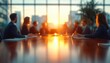 © Rgrd - Executives gathered around a long polished conference table in a boardroom at sunset, warm backlit scene conveying focus and contemplative collaboration