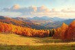 © Aleksandra - Golden autumn meadow and rolling hills with orange deciduous forest and distant blue mountains under soft clouds, peaceful and tranquil late afternoon light