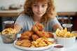 © Aleksandra - young person seated at table with a large plate of crispy fried chicken drumsticks, potato chips, dipping sauces and iced drinks showing hungry anticipation and relaxed enjoyment