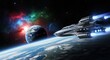 © Dara - A spaceship flying over a planet with a colorful nebula in the background.