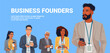 © mast3r - Business founders diverse team professional people standing holding coffee smartphones wearing badges business attire blue background conference concept