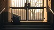 © Godchiuan - mediocrity. Abandoned backpack on empty school steps as gate closes in melancholic morning light. wellbeing guides, coaching materials, designed for mental health education and mindfulness programs.