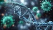 © Milana - Microscopic close-up of a textured DNA double helix surrounded by spiky viral particles, creating an ominous, urgent scientific atmosphere