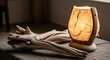 © aminsmart - A stunning handmade lamp made of wood and stone alongside driftwood in a serene ambiance