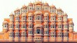 © smalltinykid - symmetrical ornate coral palace facade with dozens of arched latticed windows, small balconies, domed turrets and intricate white trim, majestic and warm