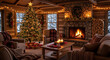 © Hello - Cozy christmas cabin interior with a decorated tree fireplace and snow outside the windows creating a warm and inviting holiday atmosphere for family