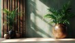 © zhuan - Indoor arrangement of four potted green plants placed against a textured green wall with vertical wooden slats and soft natural sunlight casting shadows