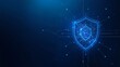 © Eka Adi Saputra  - Conceptual illustration of digital security and network protection. A prominent, illuminated shield outline, composed of glowing particles and lines, sits at the center of a complex