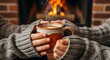 © storm - Savor a cozy moment with hot tea by the fireplace, wrapped in warmth and comfort, perfect for relaxation and winter holiday promotions